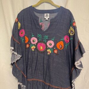 ivy jane Blue Embroidered Boho Tunic with Multicolor Floral Accents
